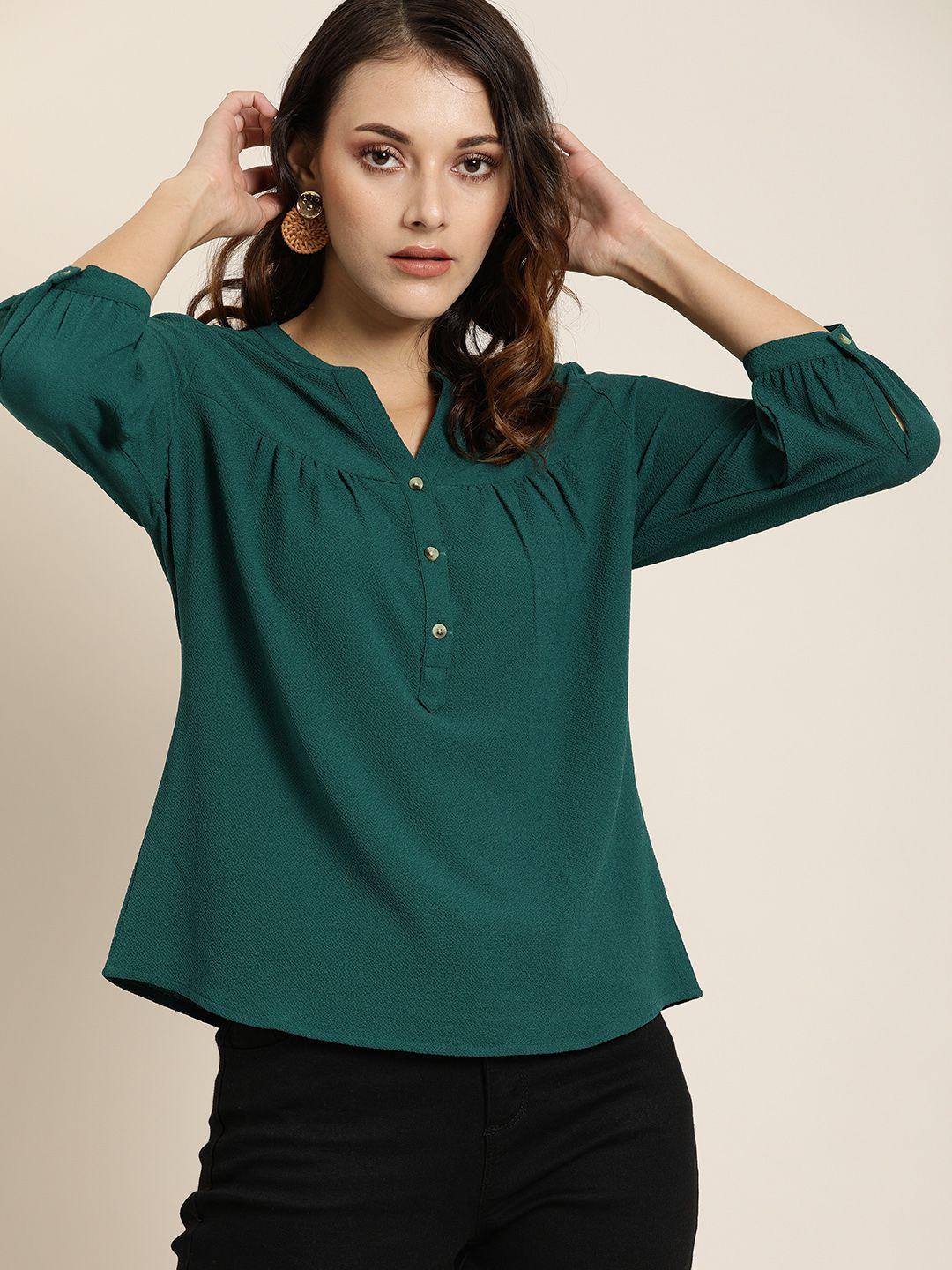 all about you women green solid pleated shirt style top