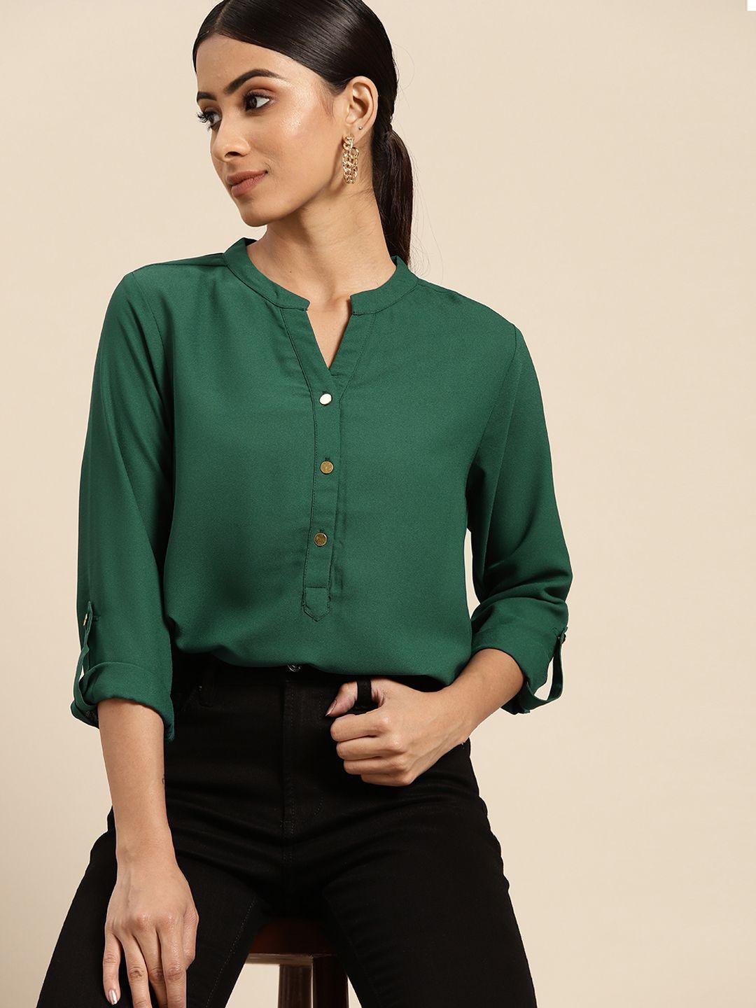 all about you women green solid shirt style top