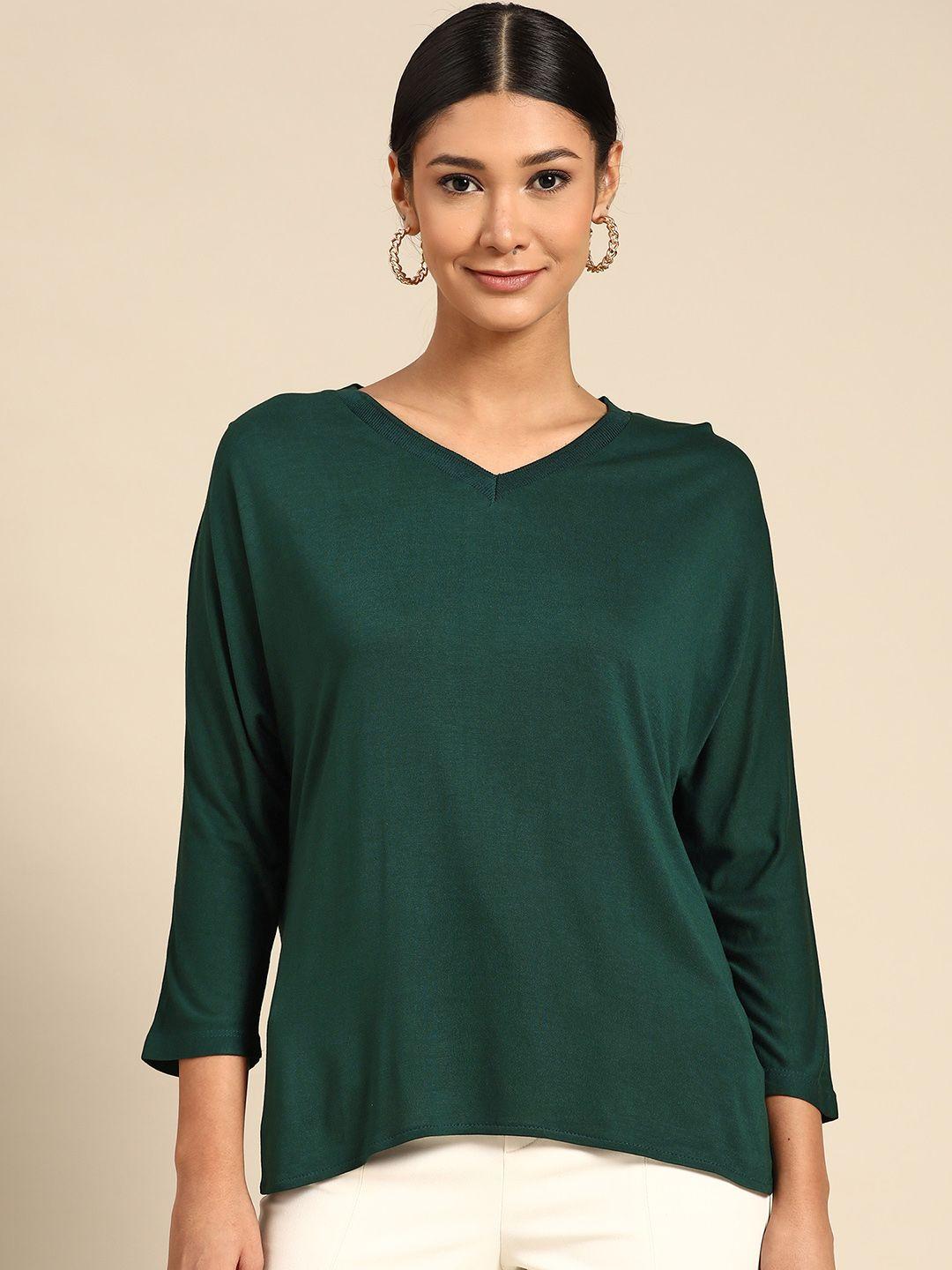all about you women green solid v-neck t-shirt