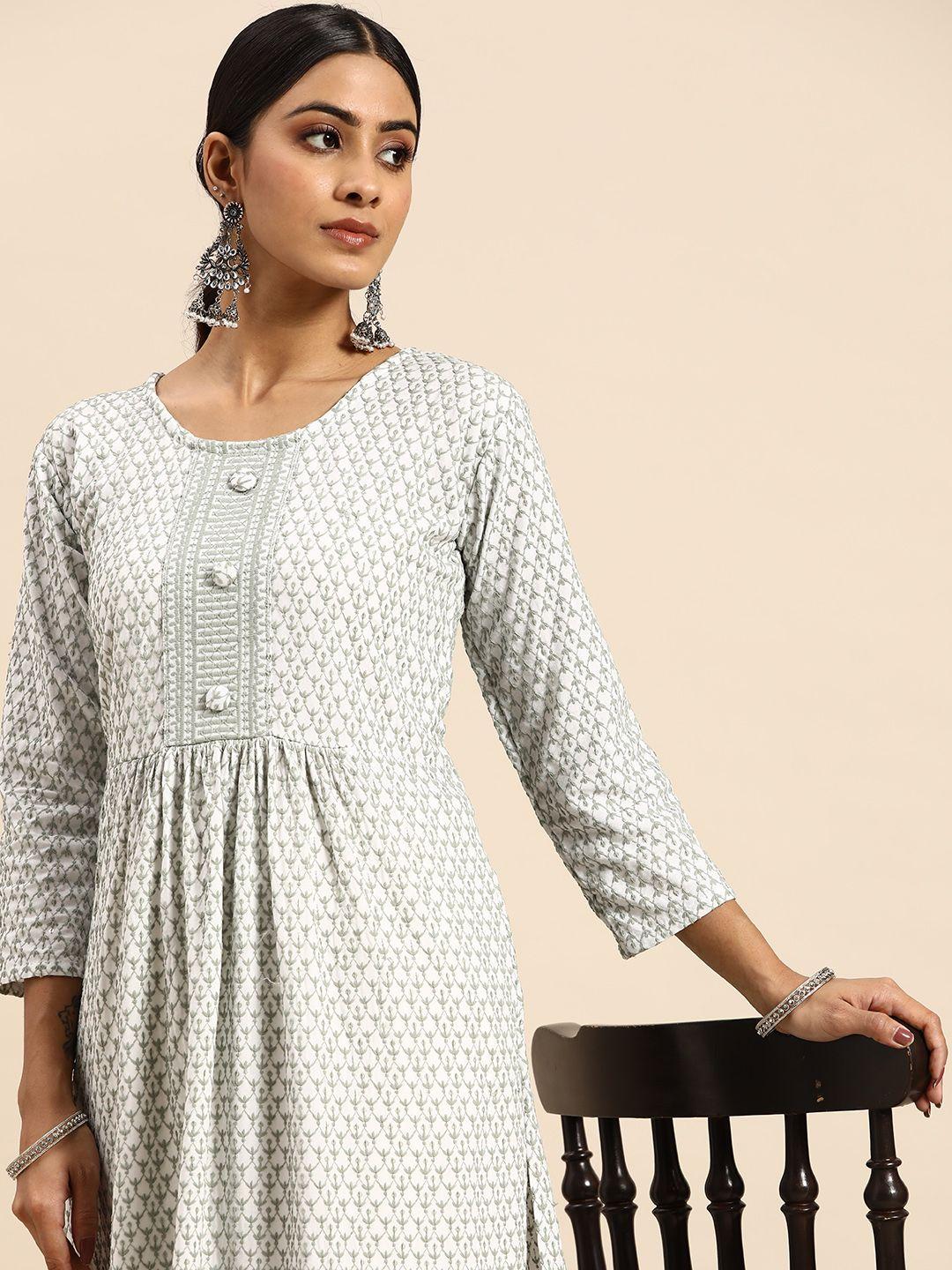 all about you women grey & silver-toned ethnic motifs embroidered thread work floral kurta