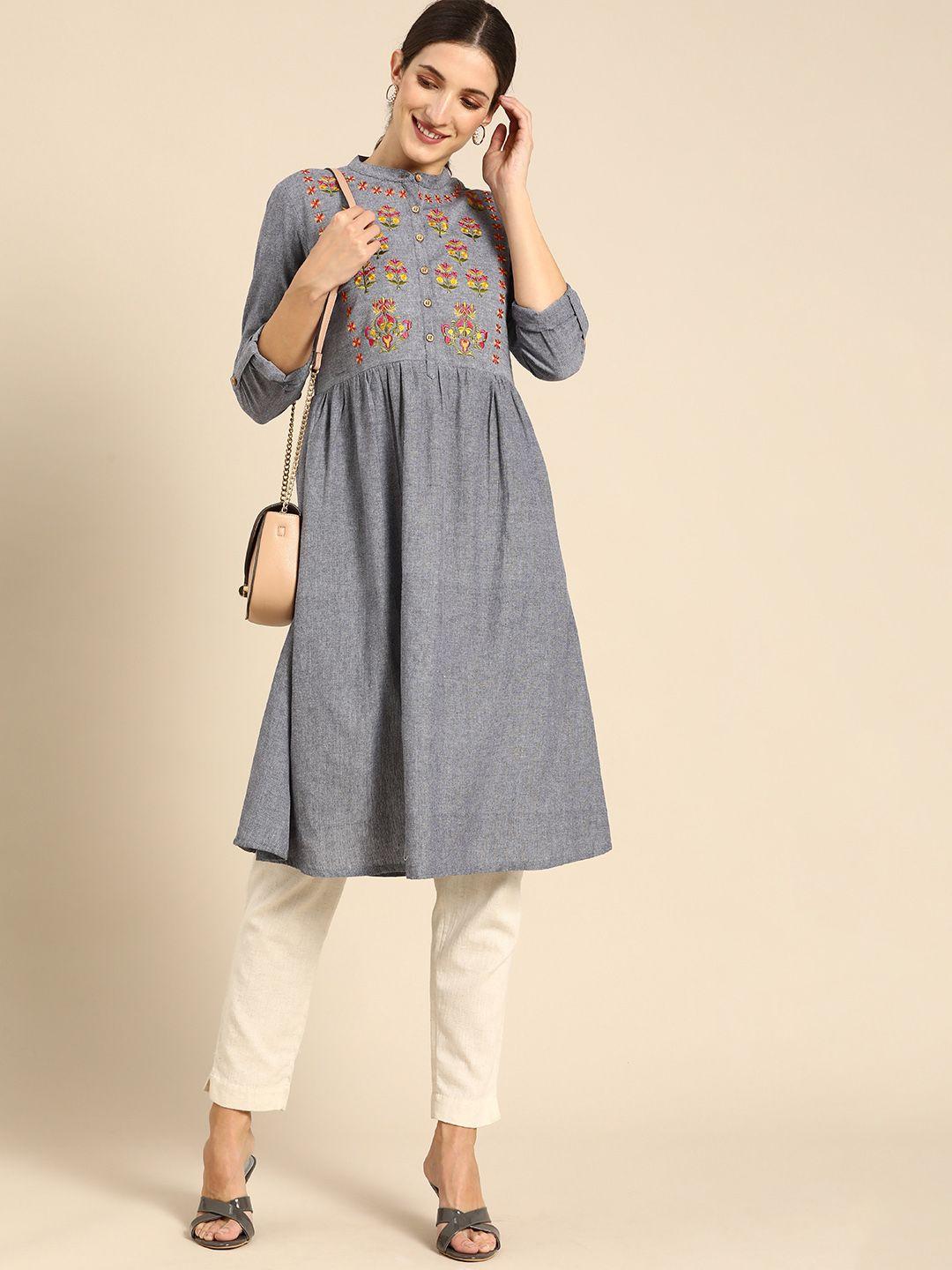 all about you women grey floral embroidered floral kurta