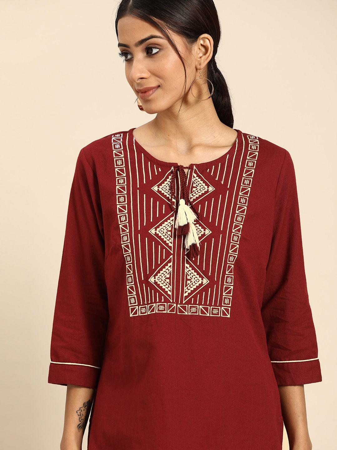 all about you women maroon & beige geometric yoke design thread work straight kurta