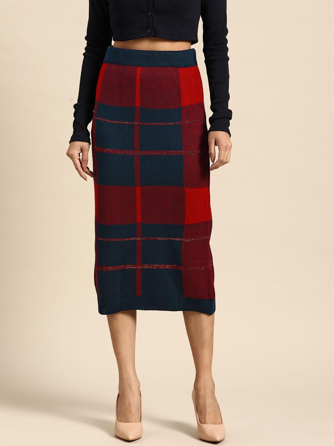 all about you women maroon & navy blue checked straight skirt