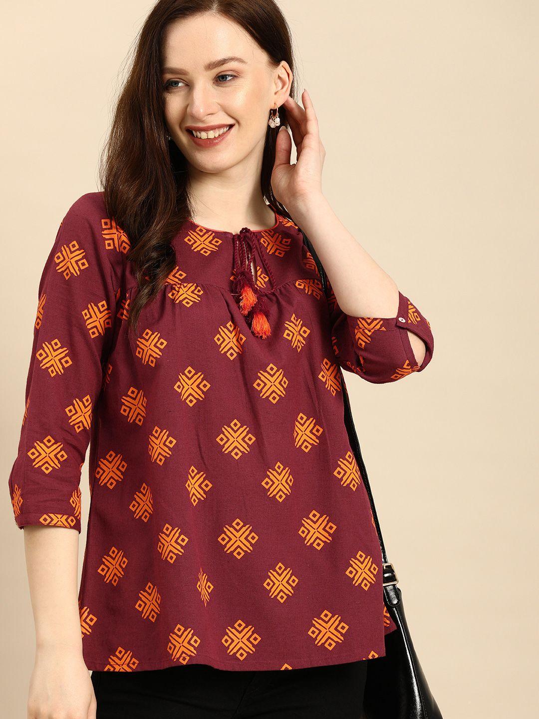 all about you women maroon & orange printed kurti