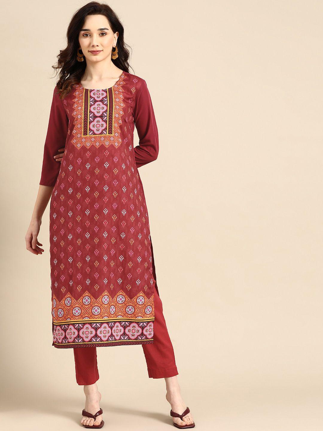 all about you women maroon & pink ethnic motifs printed crepe kurta
