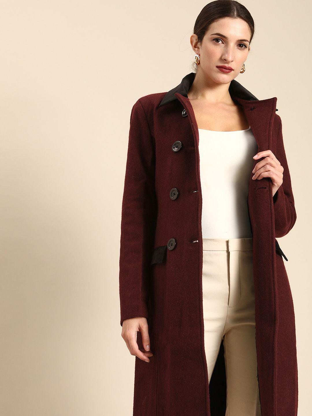 all about you women maroon contrast collar trench coat