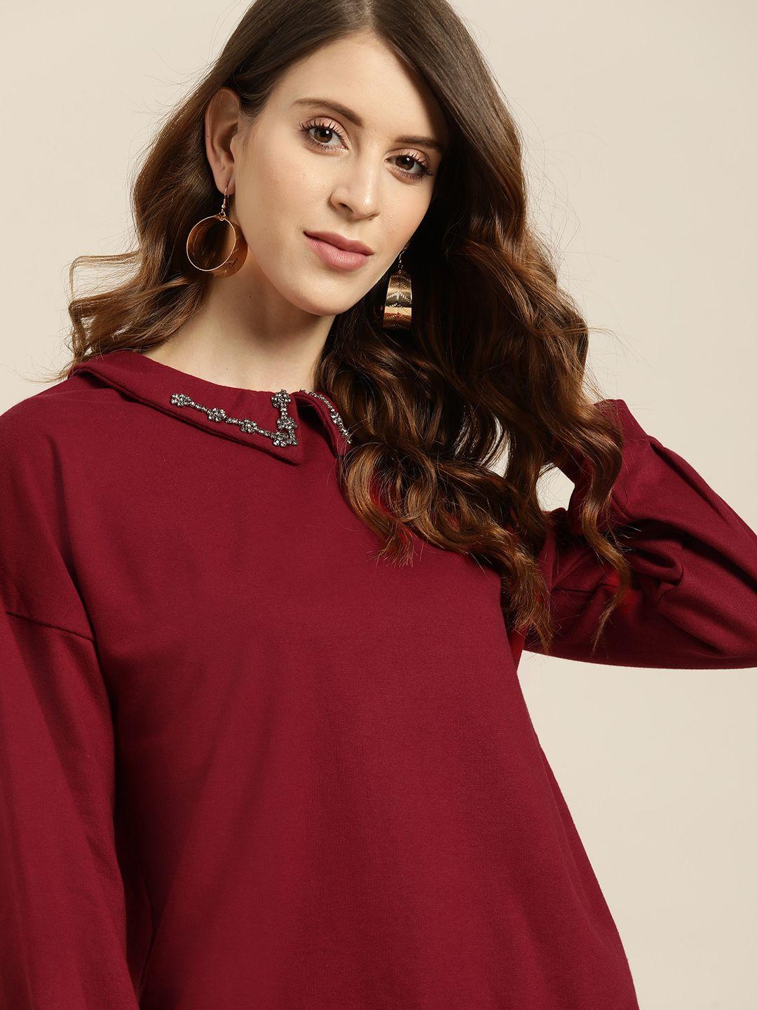 all about you women maroon embellished peter pan collar sweatshirt