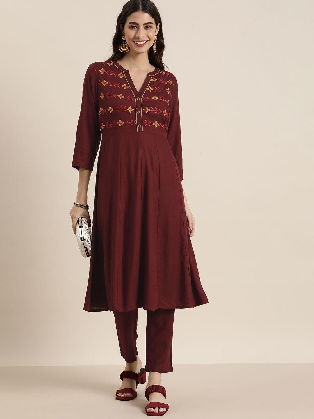 all about you women maroon floral embroidered regular thread work kurta with trousers