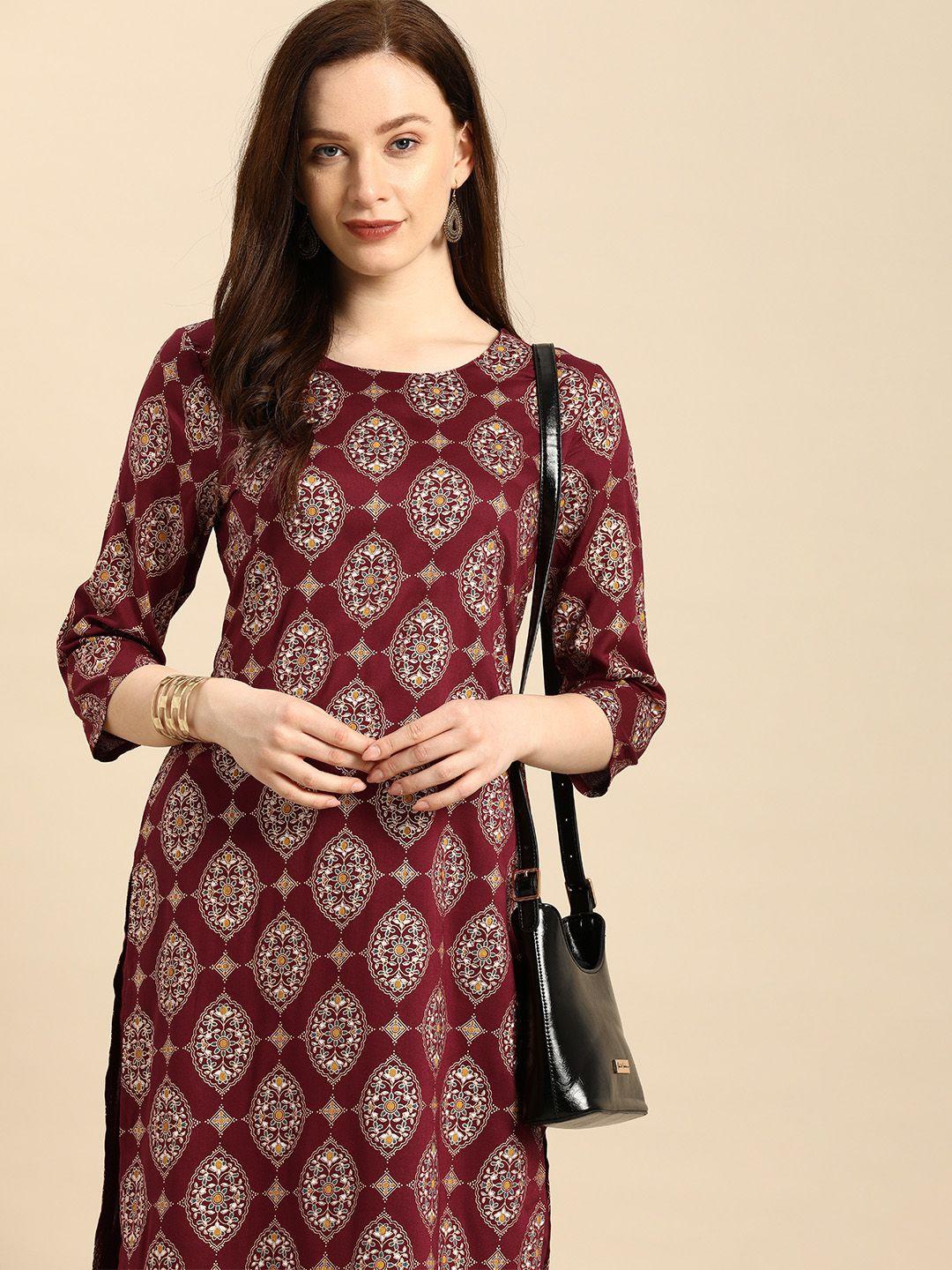 all about you women maroon printed kurta with trousers