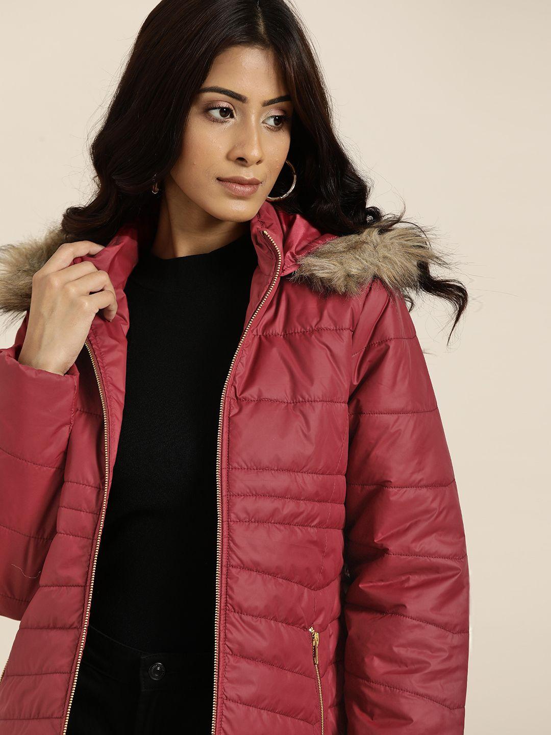 all about you women maroon solid parka jacket