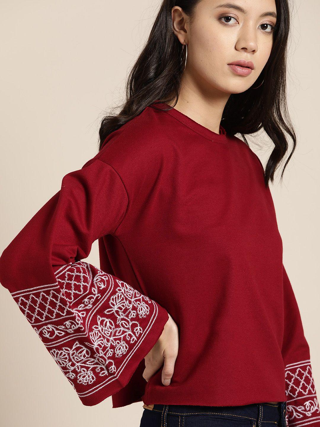 all about you women maroon solid sweatshirt with embroidered detail