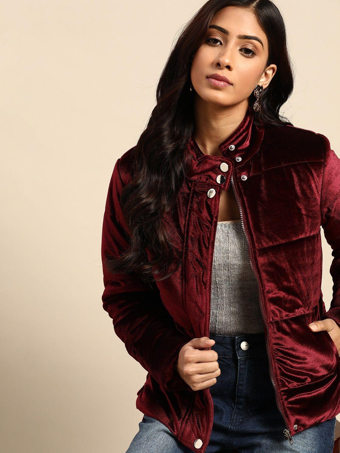 all about you women maroon solid velvet padded jacket