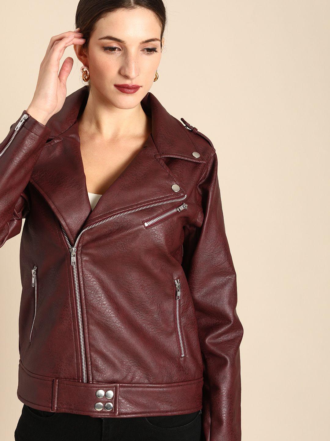 all about you women maroon textured biker jacket