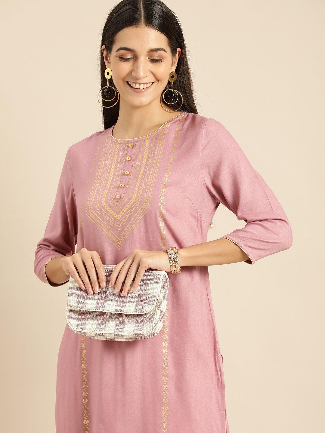 all about you women mauve & gold-toned ethnic motifs printed kurta