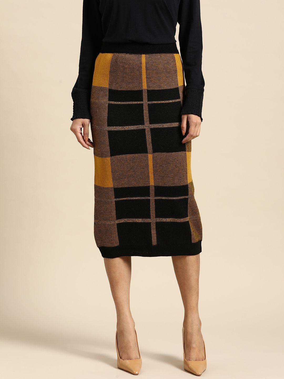 all about you women mustard brown & black checked straight skirt