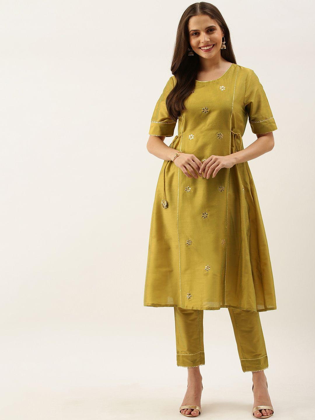 all about you women mustard embroidered anarkali kurta sets