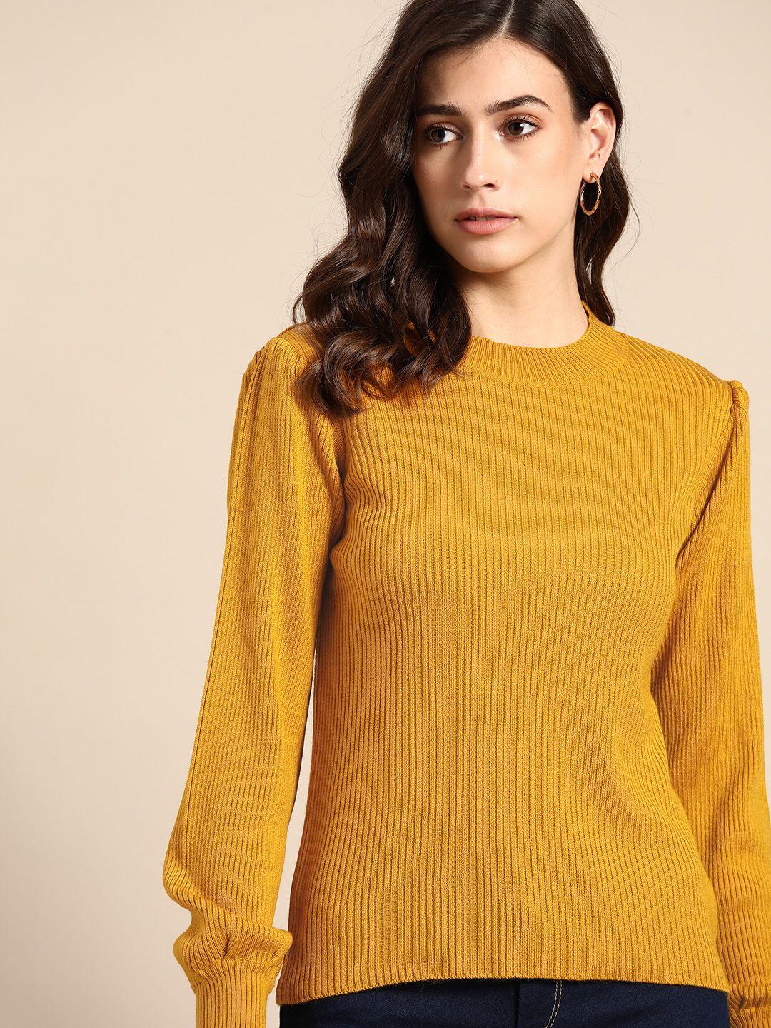 all about you women mustard ribbed puff sleeves pullover