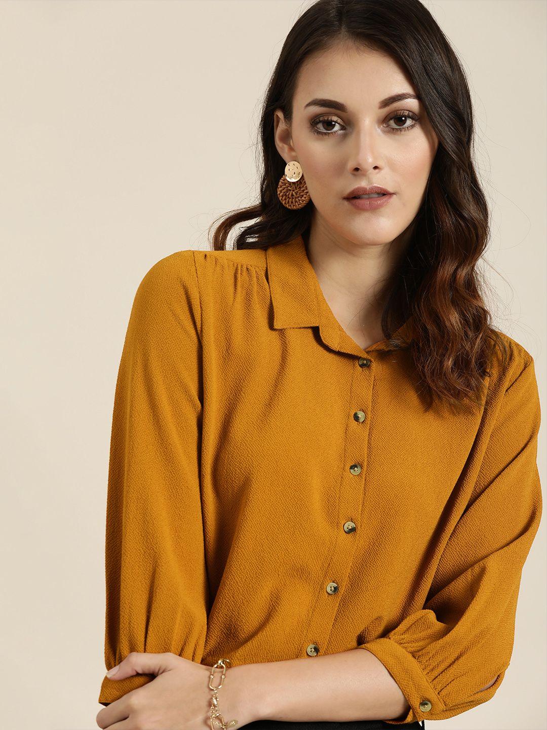 all about you women mustard stretchable casual shirt