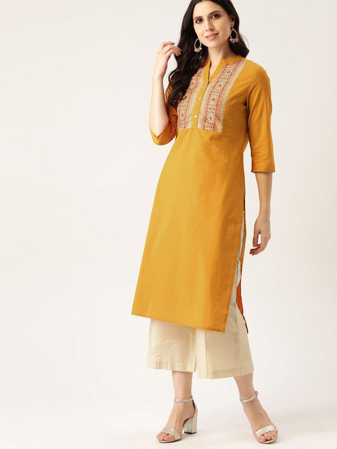 all about you women mustard yellow & coral red ethnic motifs yoke design straight kurta