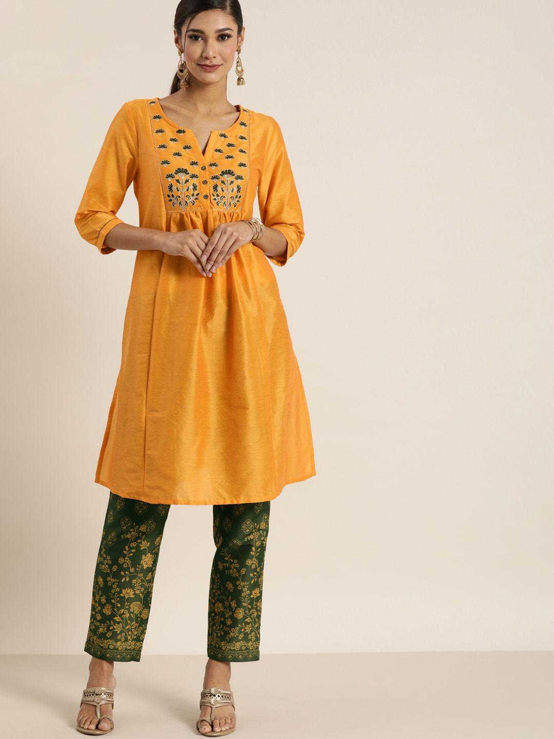 all about you women mustard yellow & green embroidered kurta with trousers