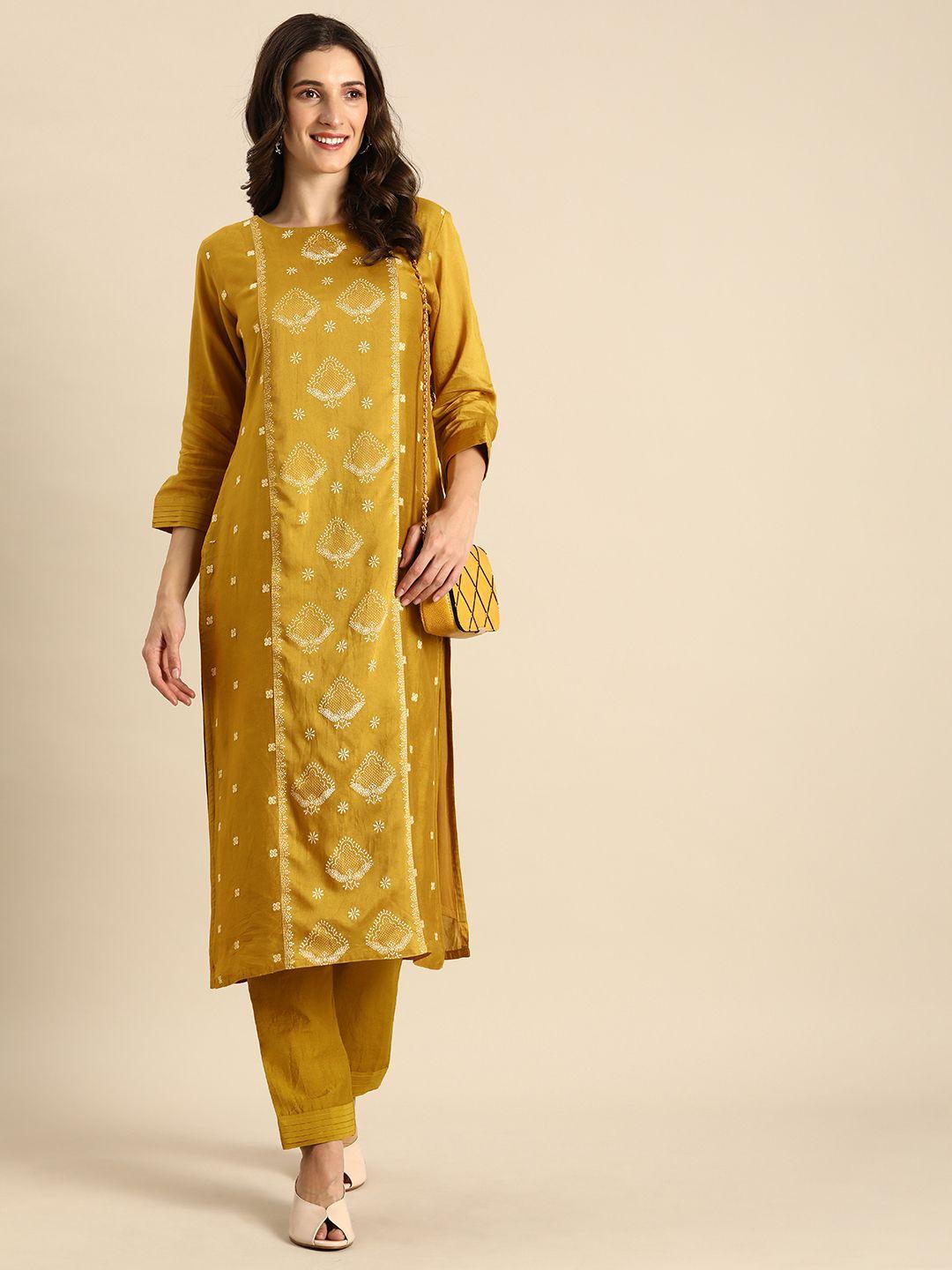 all about you women mustard yellow & off-white ethnic motifs embroidered kurta set