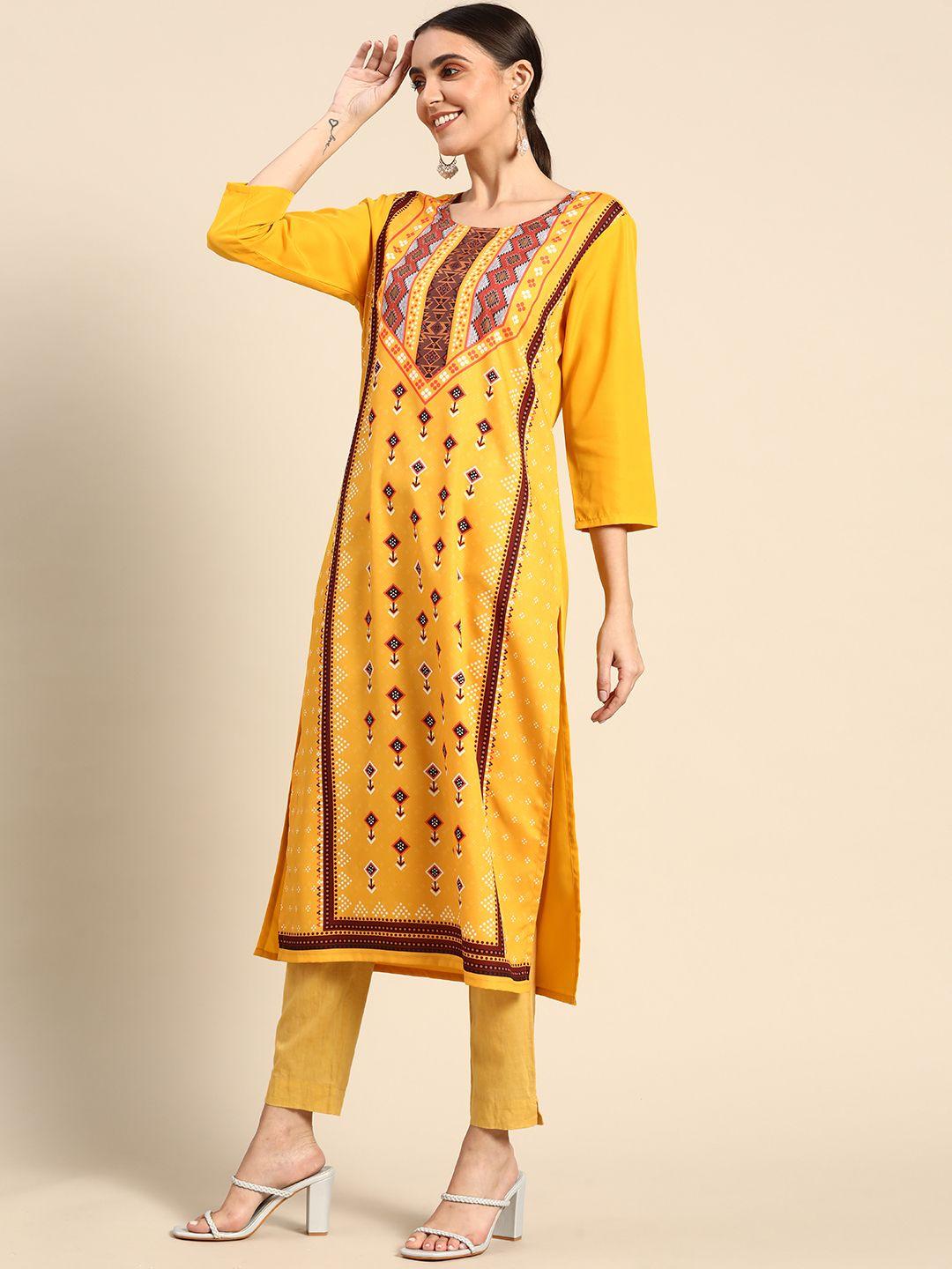 all about you women mustard yellow & rust brown geometric printed crepe kurta