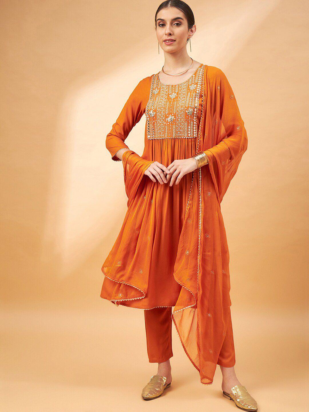 all about you women mustard yellow embroidered mirror work kurta with trousers & with dupatta