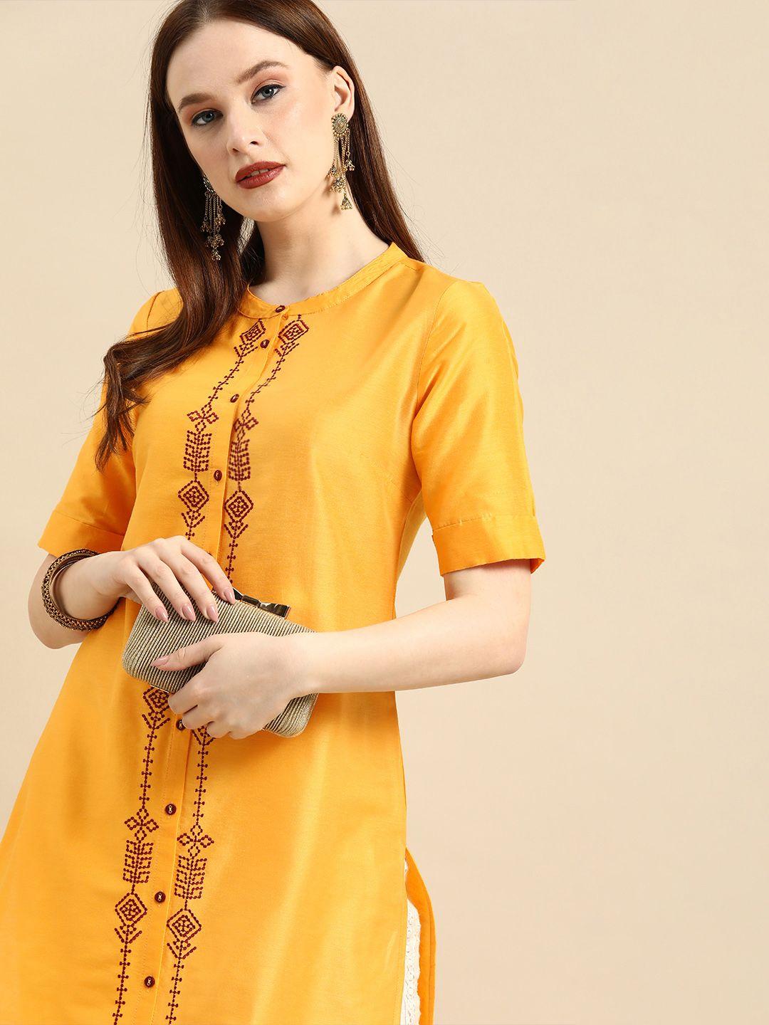 all about you women mustard yellow ethnic motifs embroidered thread work straight kurta