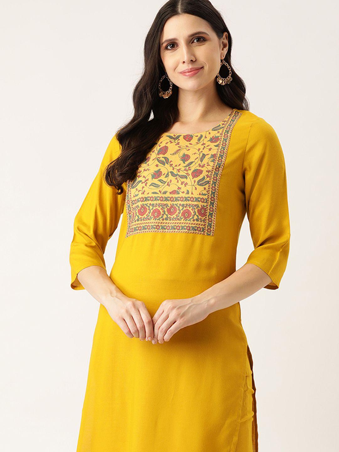 all about you women mustard yellow ethnic motifs yoke design straight kurta set