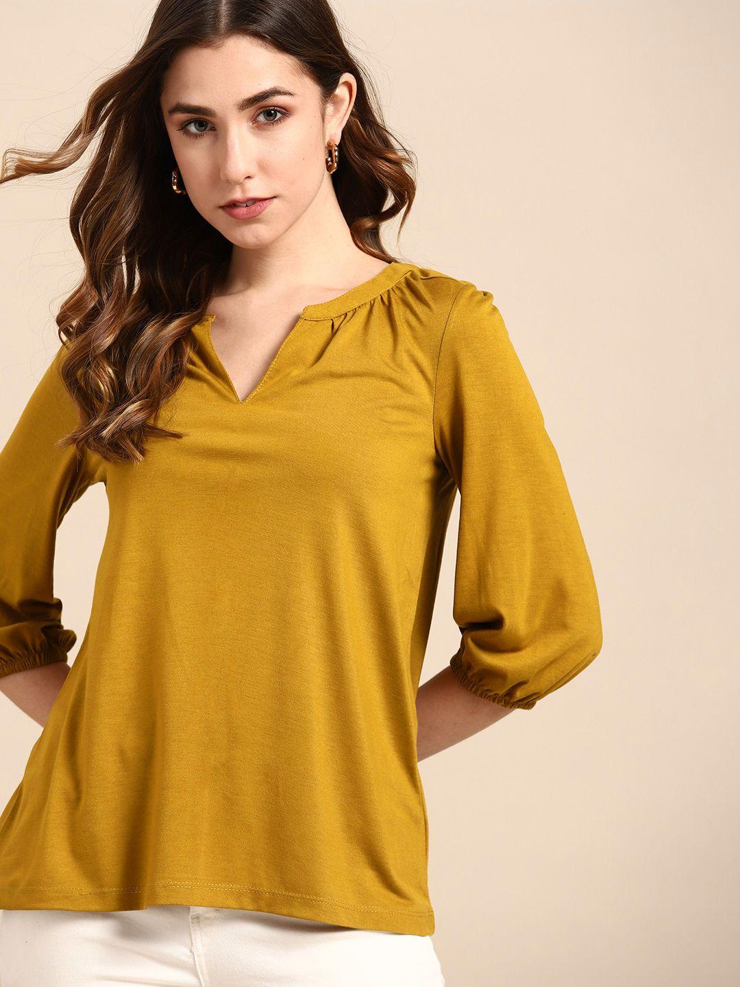 all about you women mustard yellow solid knitted regular top