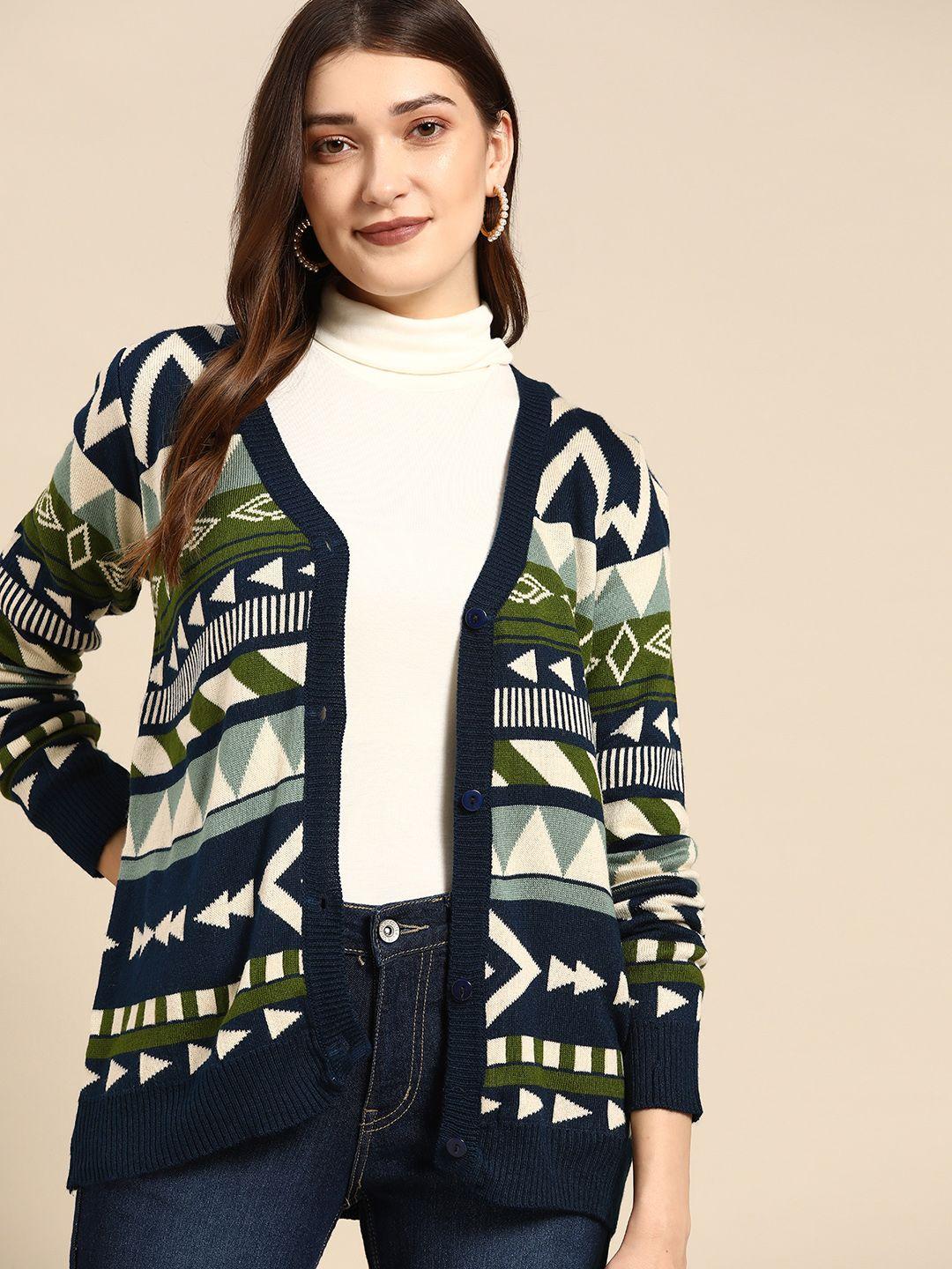 all about you women navy blue & cream-coloured printed cardigan