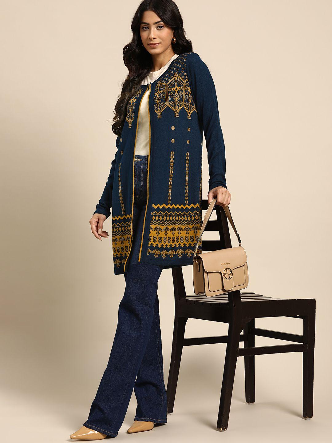 all about you women navy blue & mustard brown ethnic pattern front-open sweater