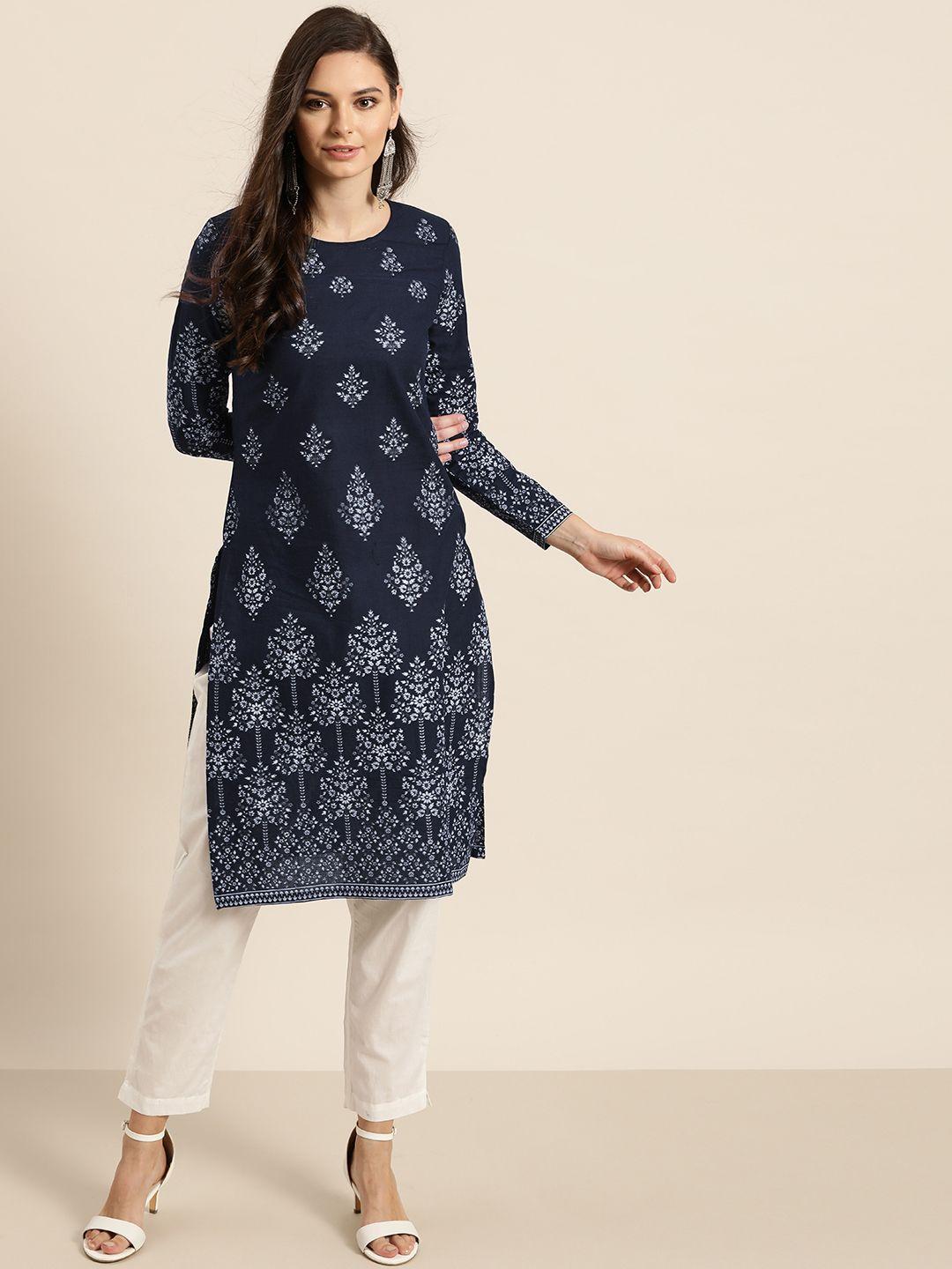 all about you women navy blue & off white ethnic motifs printed pure cotton indigo kurta