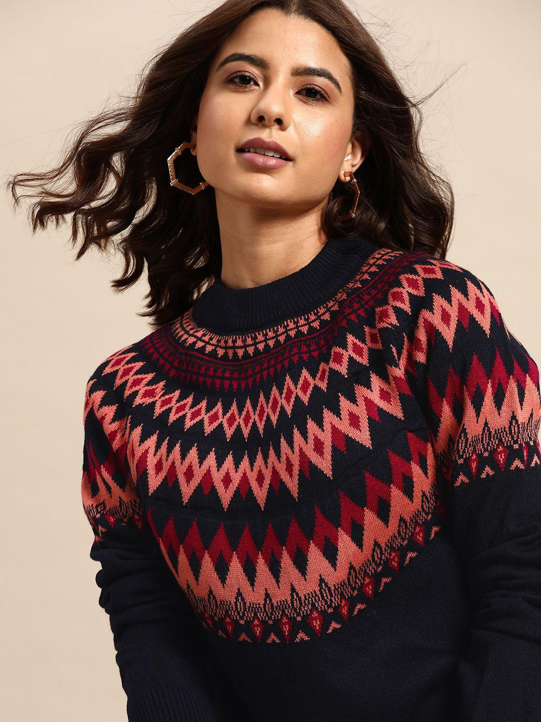 all about you women navy blue & pink fair isle pattern pullover