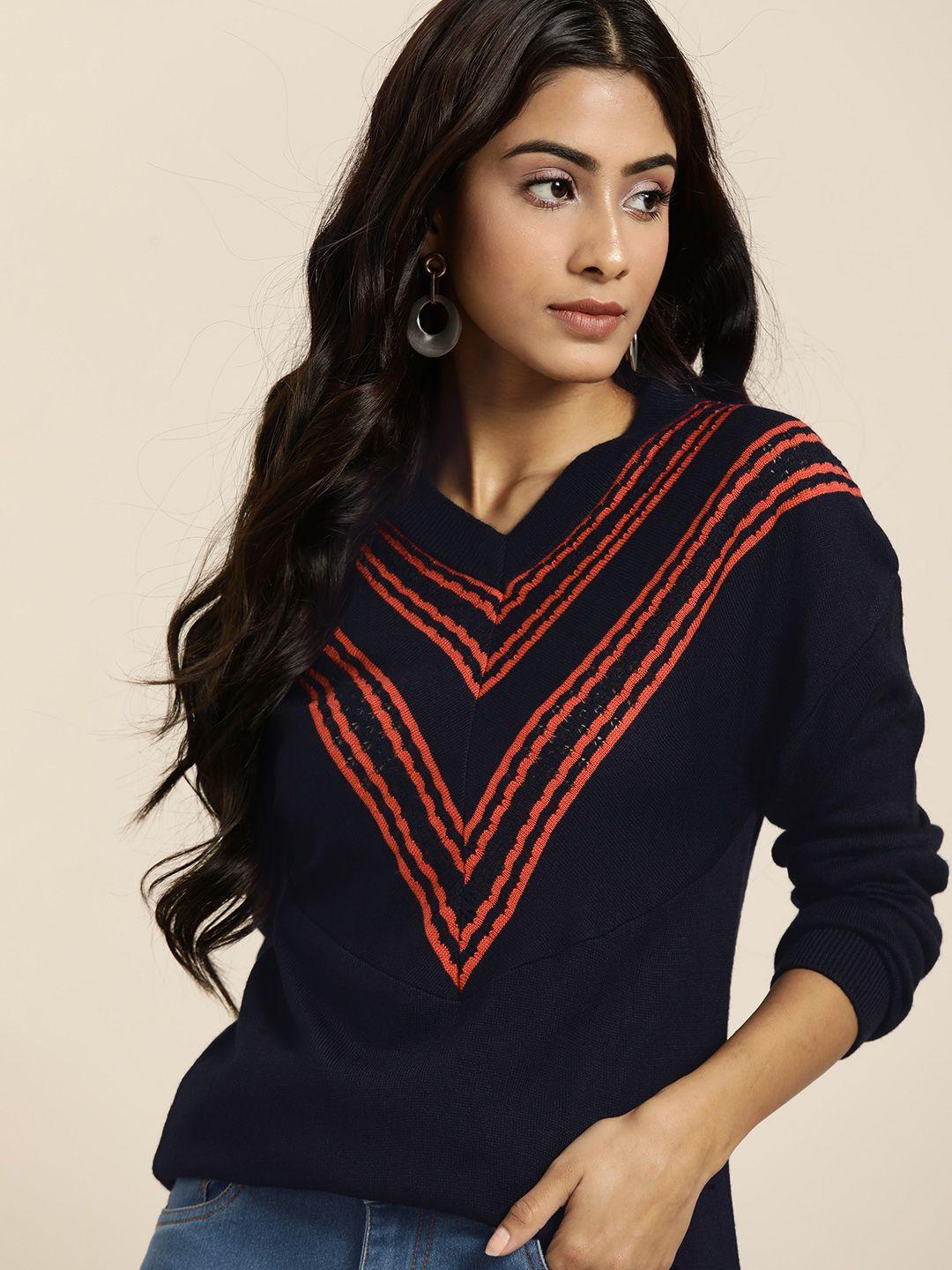 all about you women navy blue & red geometric woven design pullover