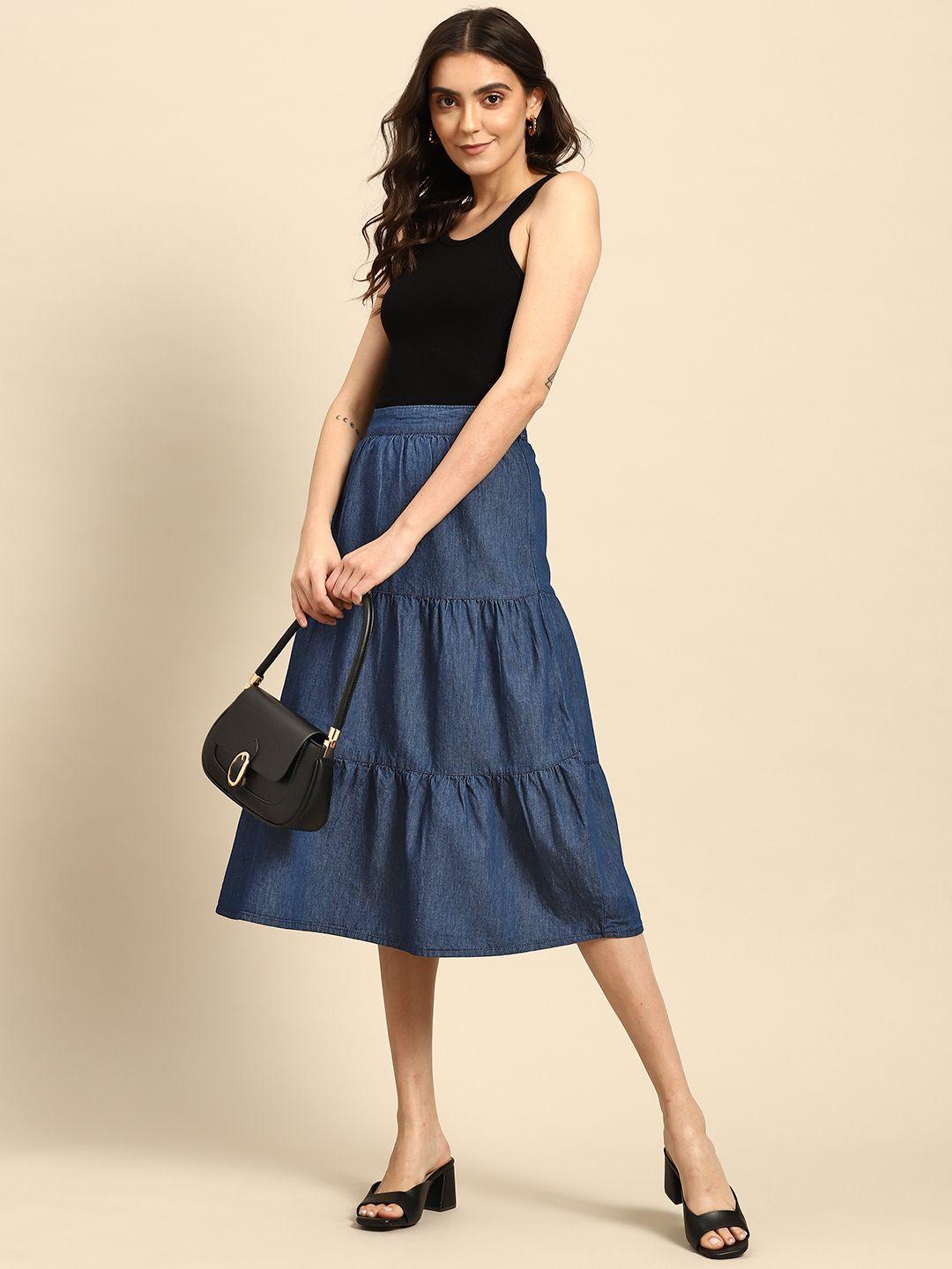 all about you women navy blue chambray tiered a-line midi skirt