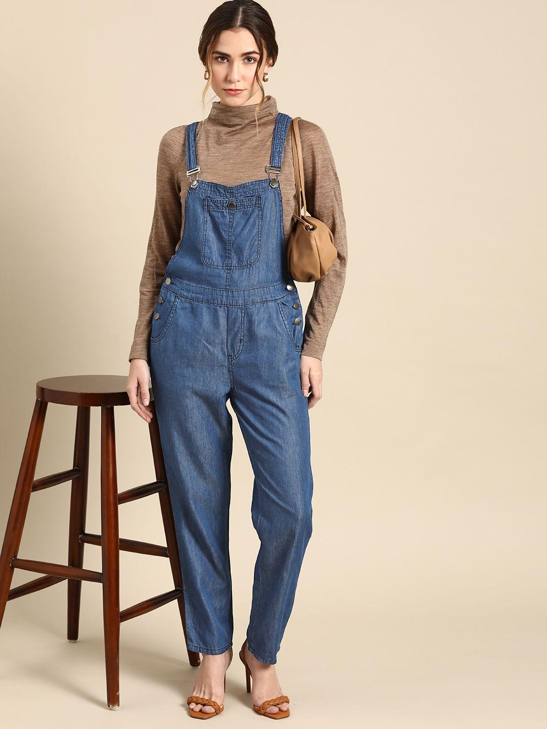 all about you women navy blue denim dungarees
