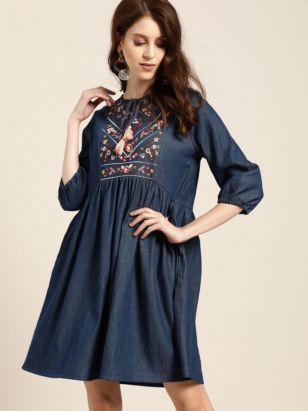 all about you women navy blue embroidered denim a-line dress