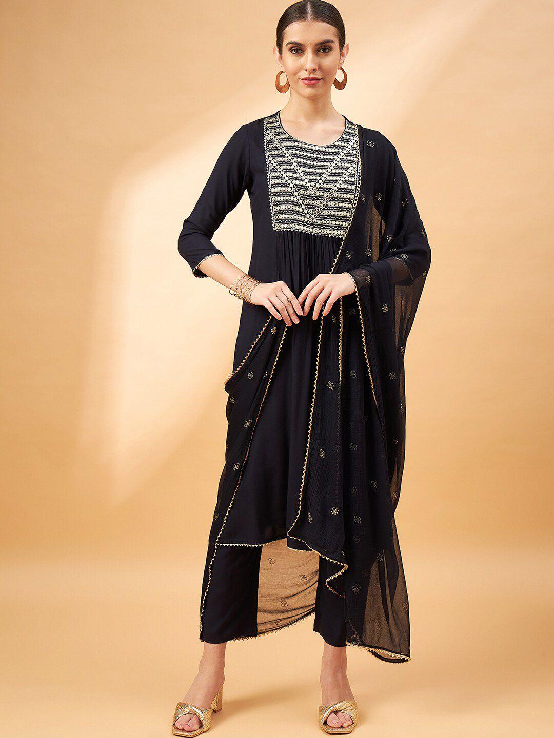 all about you women navy blue embroidered mirror work kurta with trousers & with dupatta