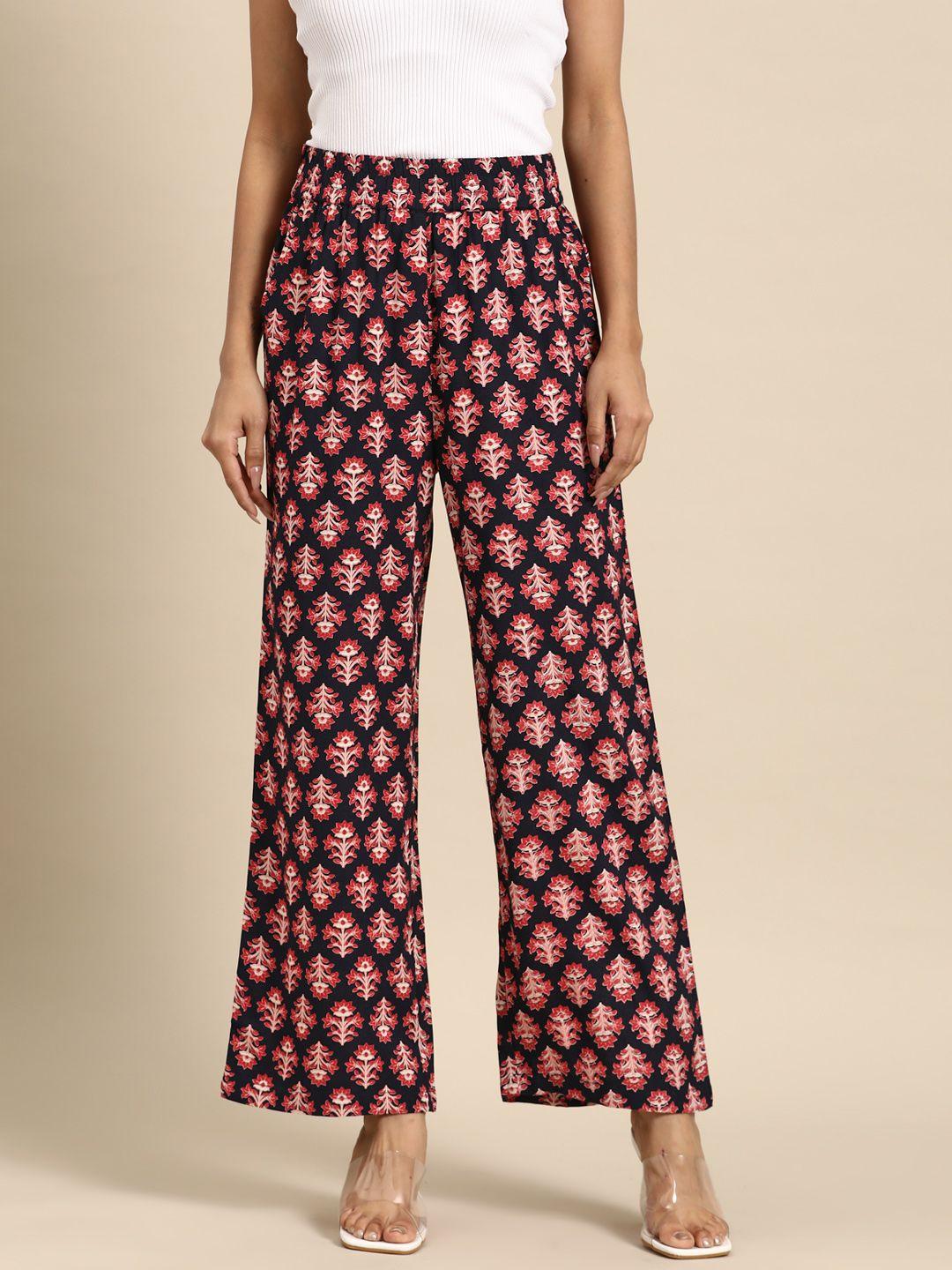 all about you women navy blue ethnic motifs printed trousers