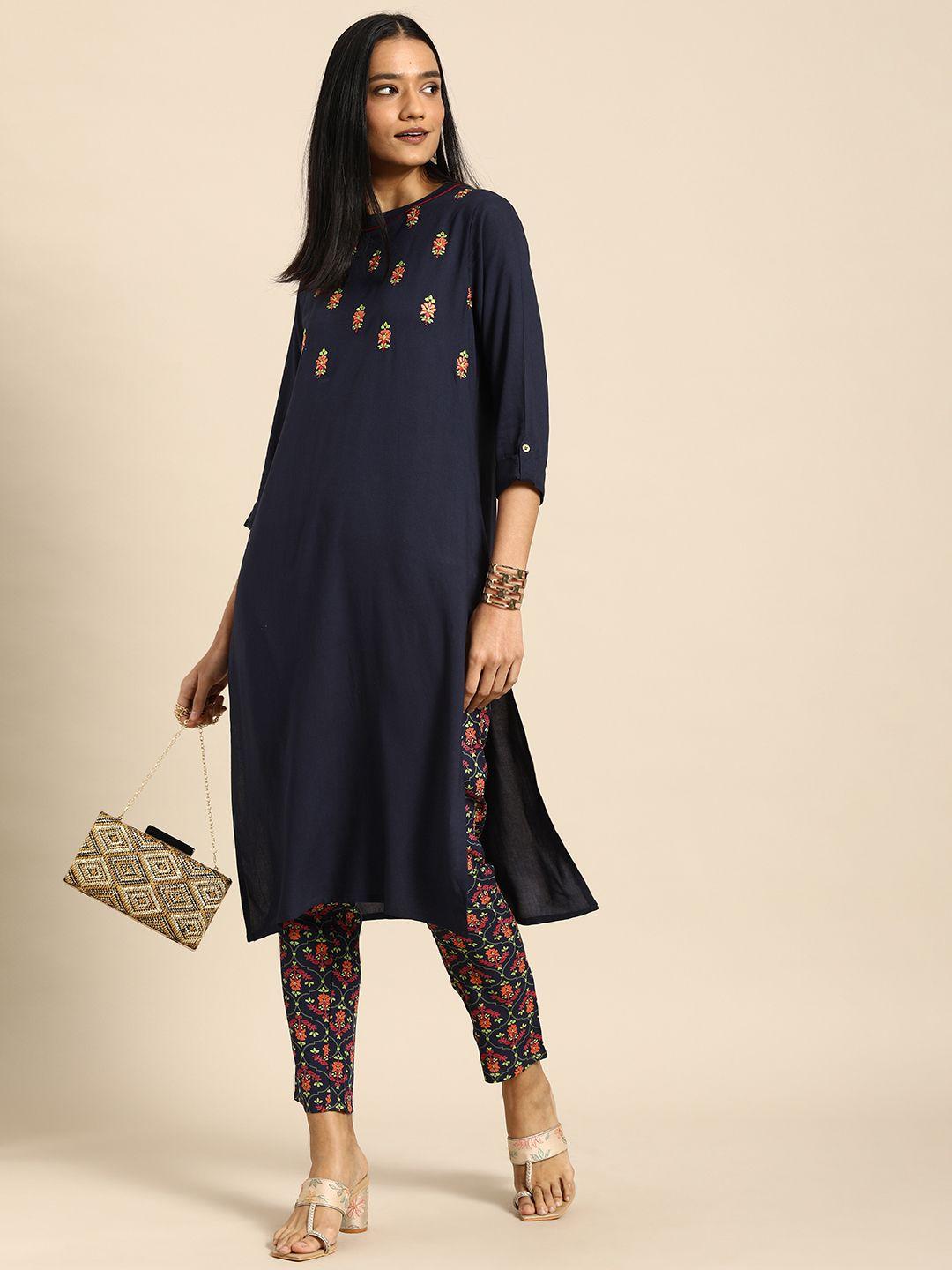 all about you women navy blue floral embroidered regular thread work kurta with trousers