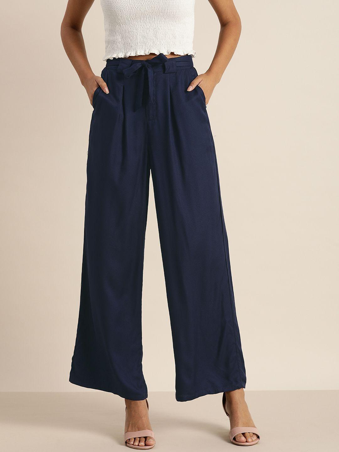 all about you women navy blue regular fit solid pleated parallel trousers