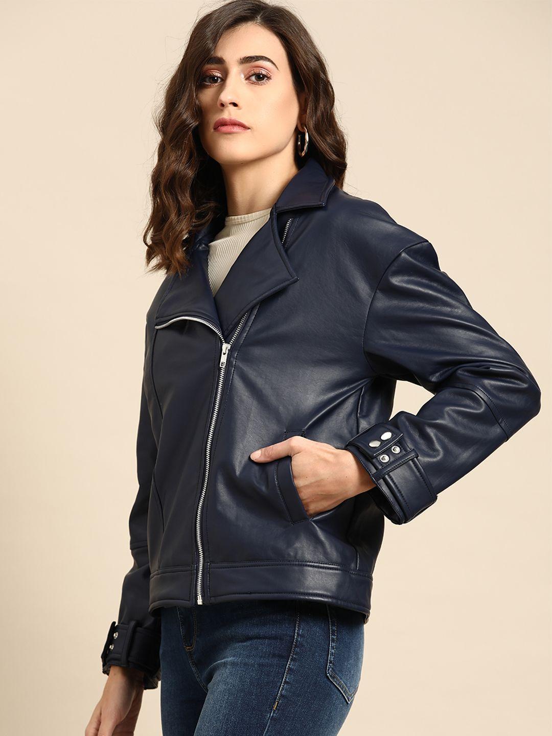 all about you women navy blue solid biker jacket