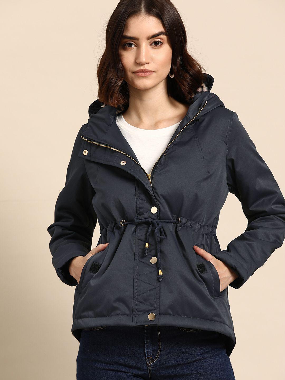 all about you women navy blue solid hooded tailored jacket