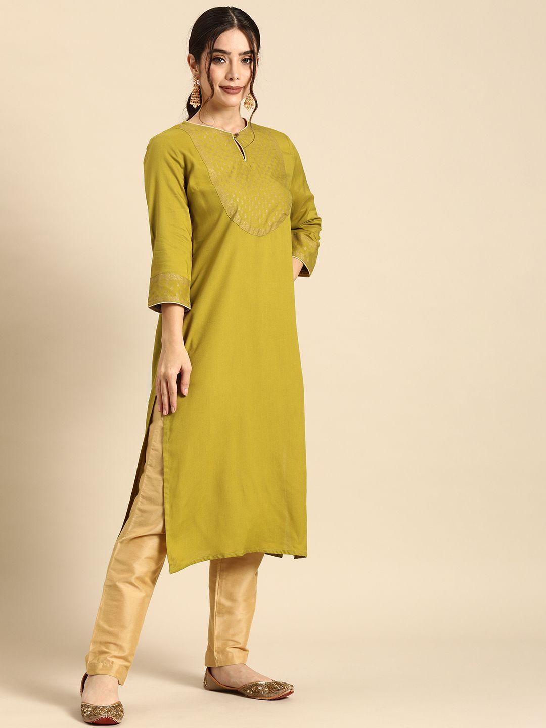 all about you women olive green & gold-toned printed yoke design a-line kurta