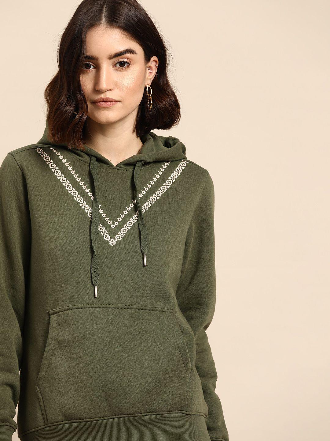 all about you women olive green & off-white embroidered hooded sweatshirt