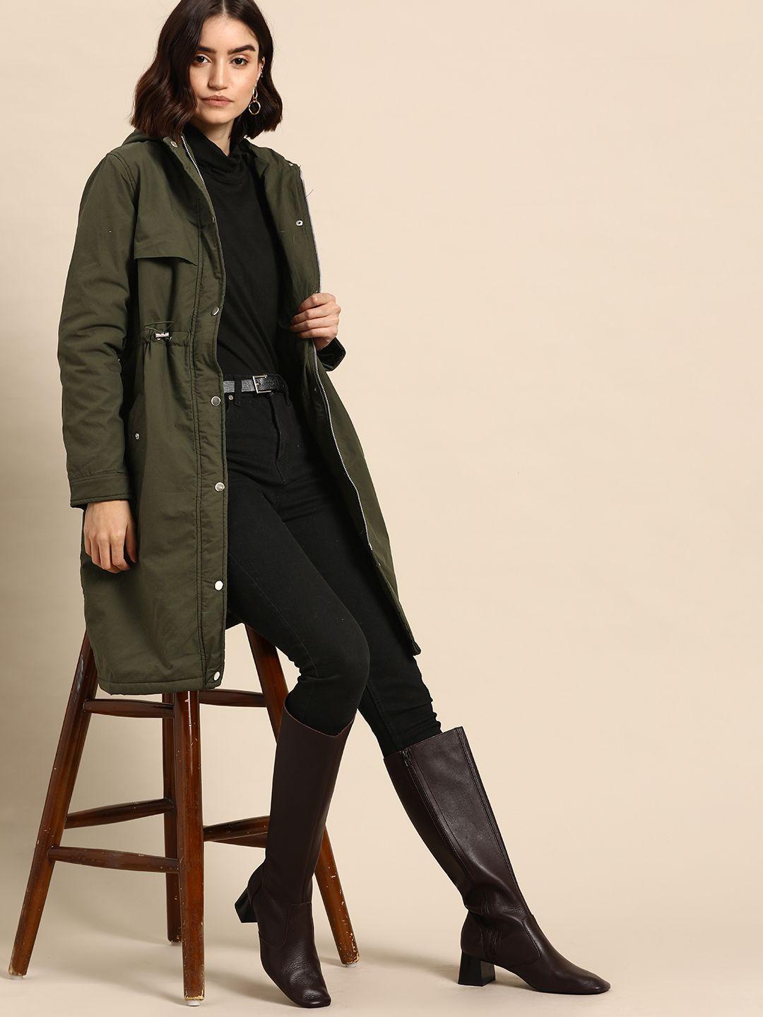 all about you women olive green cotton solid longline tailored jacket