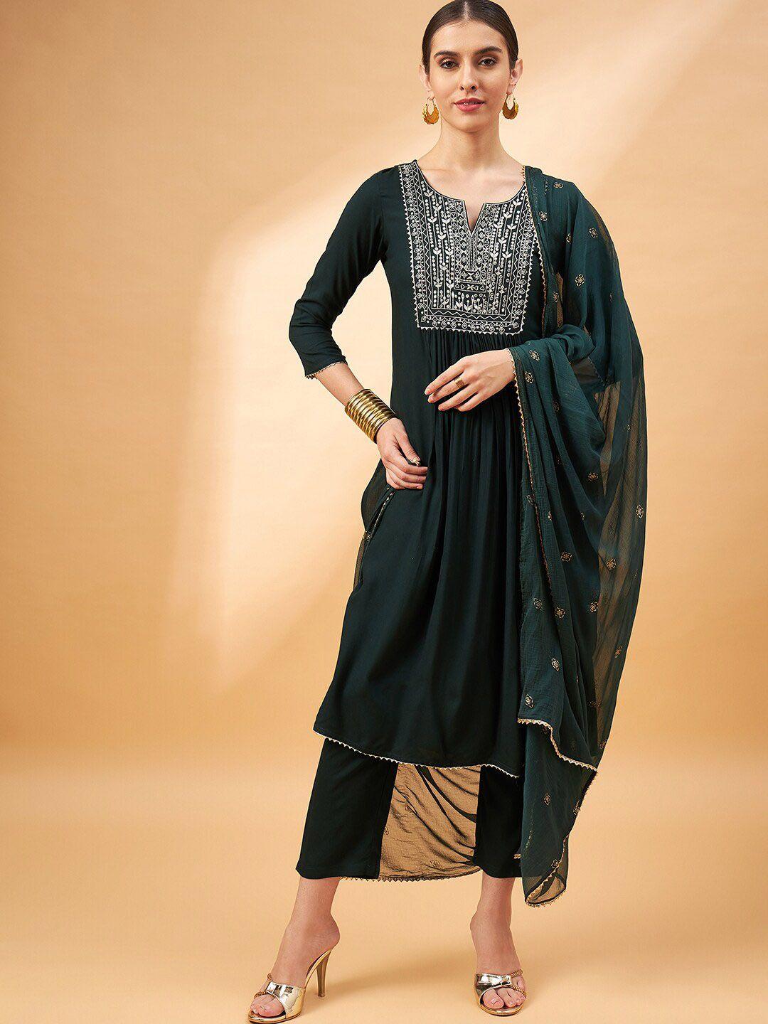 all about you women olive green embroidered mirror work kurta with trousers & with dupatta
