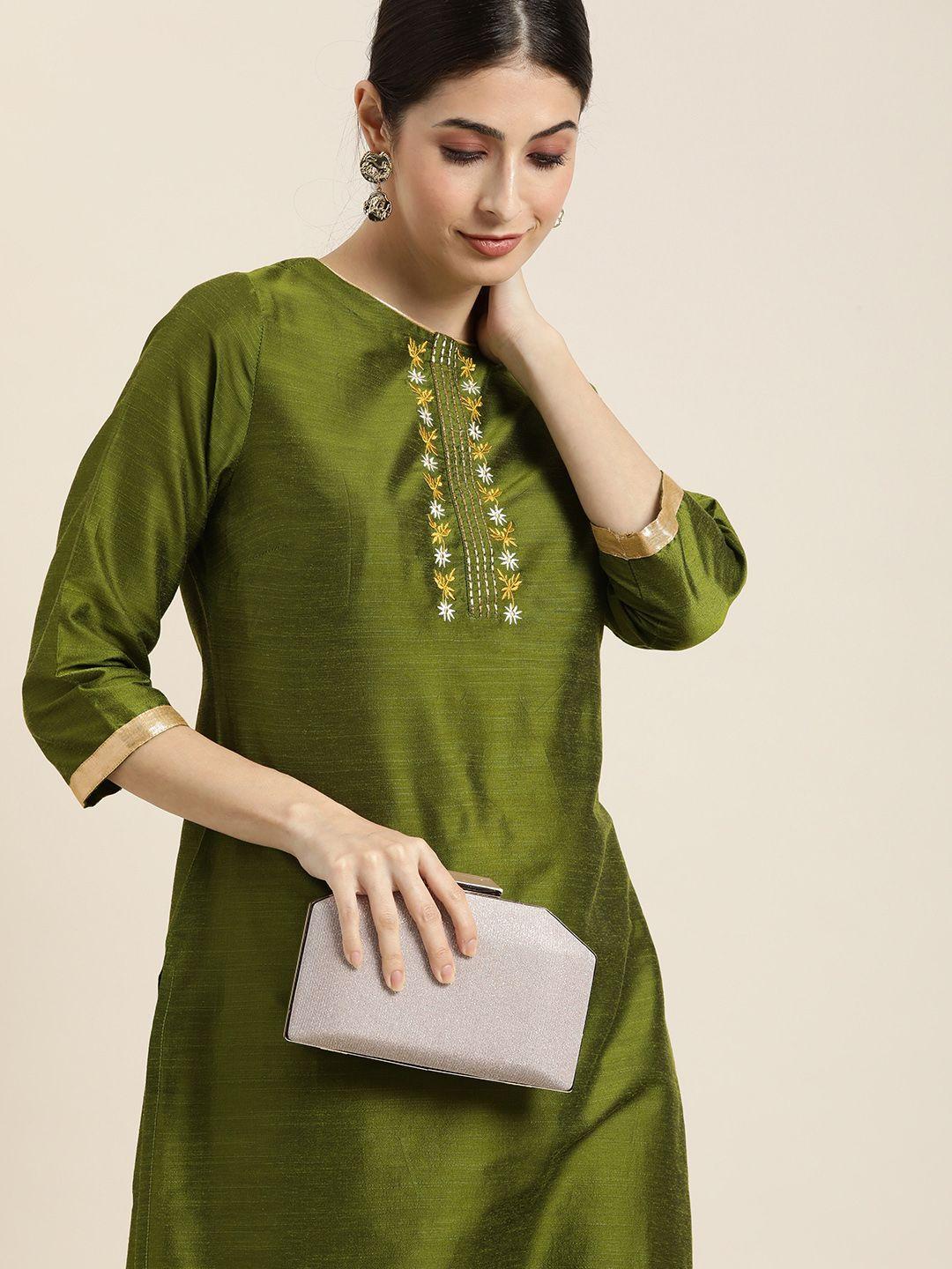 all about you women olive green ethnic motifs yoke design thread work kurta