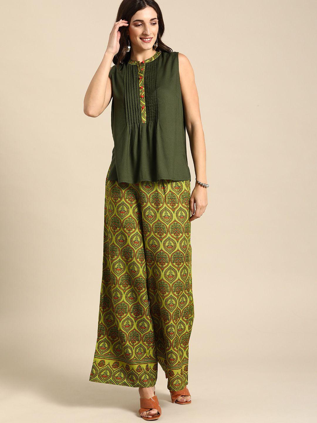 all about you women olive green printed top with palazzos